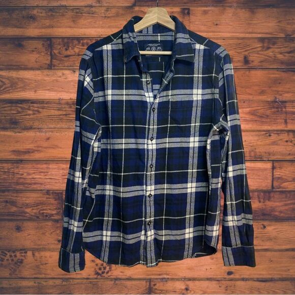 American Eagle Blue Plaid Button Front Flannel Prep Fit Shirt Large - Picture 1 of 7